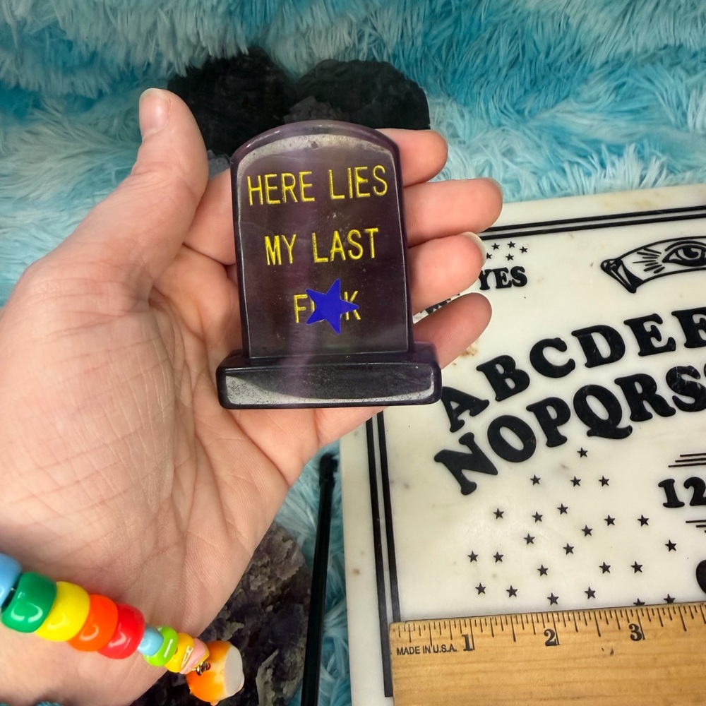 FLUORITE CRYSTAL TOMBSTONE CARVING HERE LIES MY LAST F